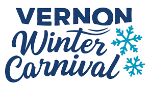 The Vernon Winter Carnival logo. The word Vernon is written in a straight font while Winter Carnival is written in cursive. To the left of the words are two baby blue snowflakes.