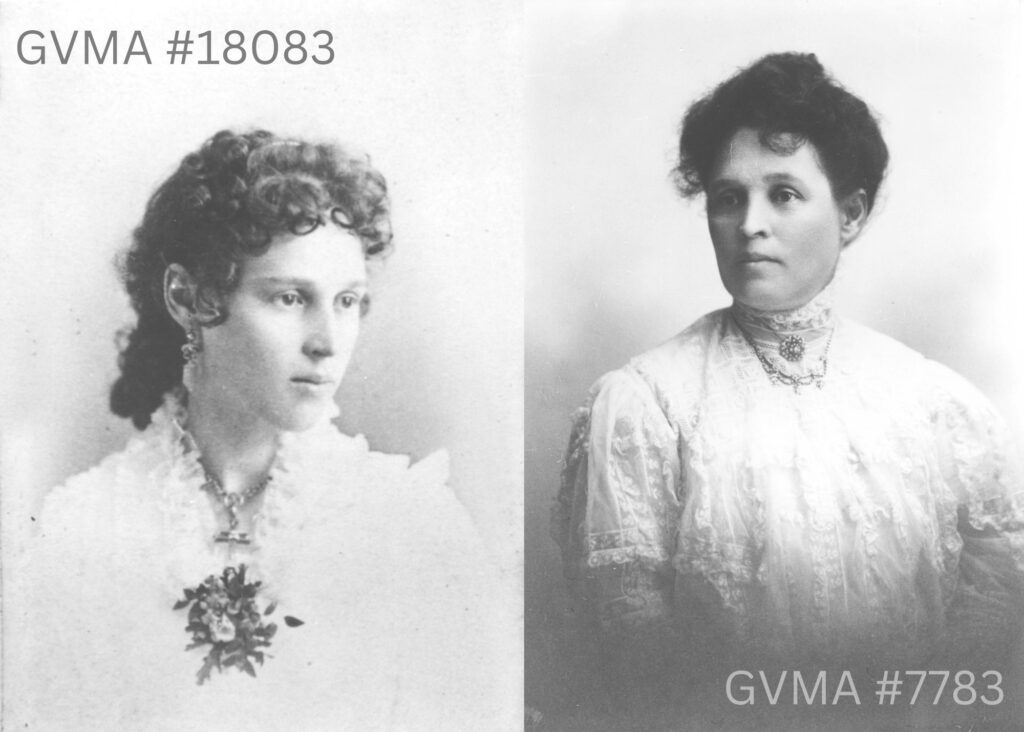 Two black and white photos of the same woman. The left photo shows a younger woman gazing away from the camera. She has curly dark hair pulled back into a low bun, and is wearing a white dress with a lace collar and floral ornament at the front of her shirt. The right photo is of an older woman, also gazing away from the camera. She is also wearing a white dress or shirt, which is fastened around the neck with a broach.