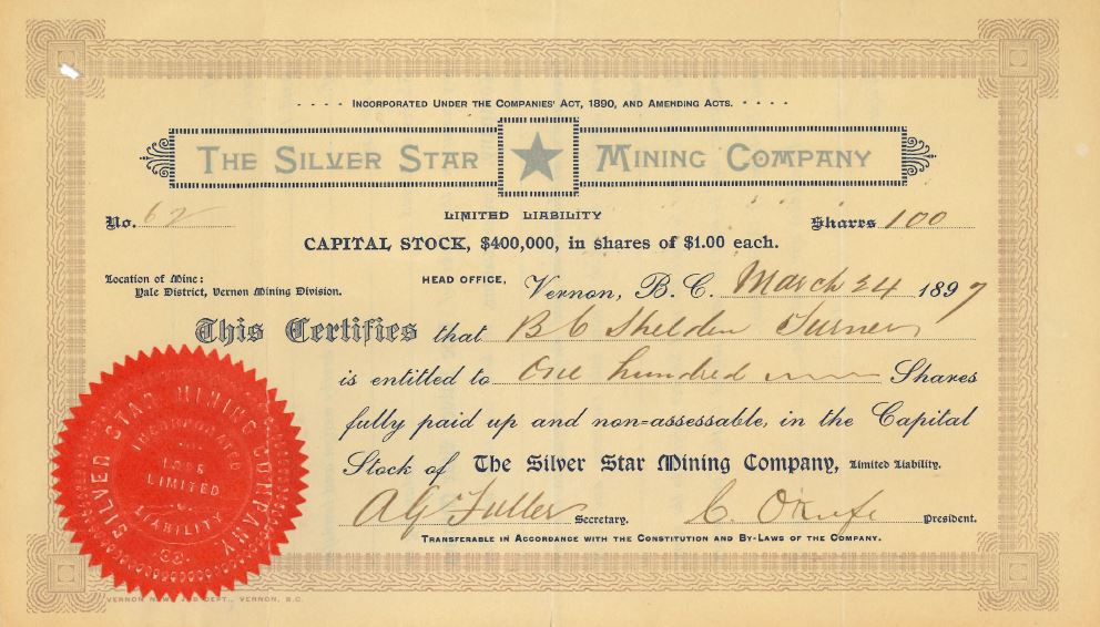 A beige certificate with a red stamp. The title reads "The Silver Star Mining Company."