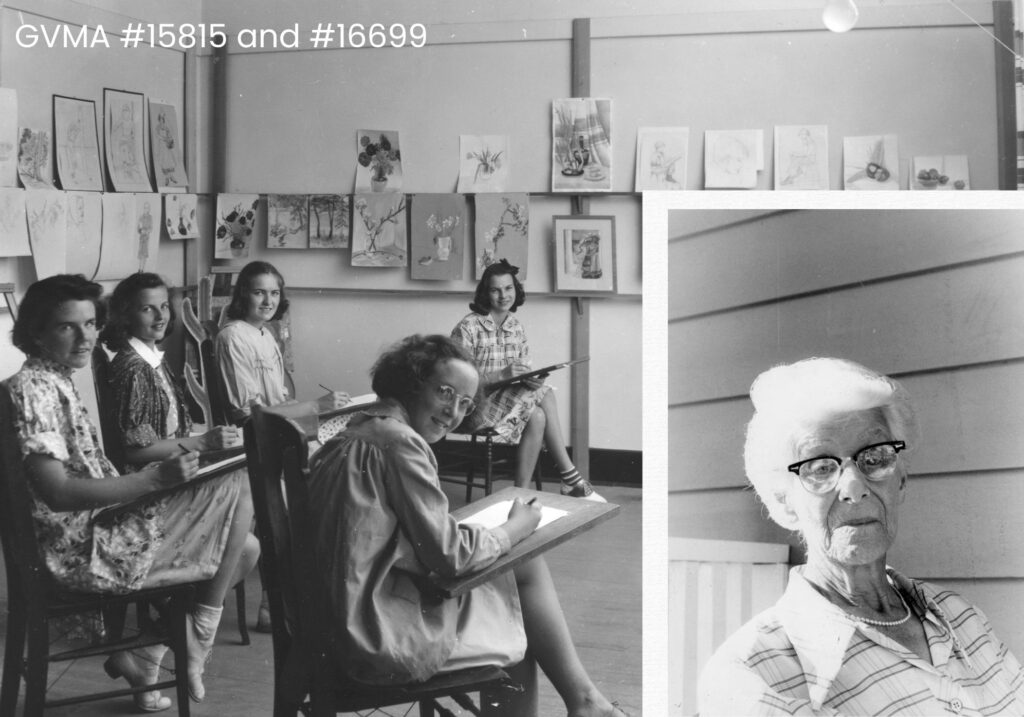 Two black and white images. One shows a classroom with five girls seated at desks working on artwork. Artwork is also hung up on the walls. The other photo shows Miss Jessie Topham Brown. She has white hair and glass with thick black frames and she is wearing a striped collar shirt with pearls.