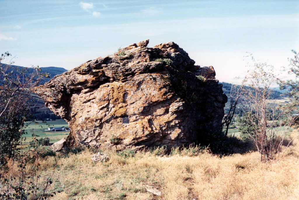 A colour image of a large rock on a grassy knoll.