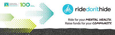 a blue and green graphic with the words "Ride Don't Hide. Ride for your mental health, raise funds for your community."