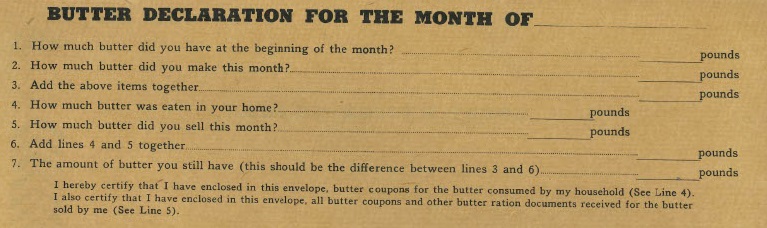 A sepia snapshot of a butter rationing form from WWII. The title of the form reads "butter declaration for the month of"